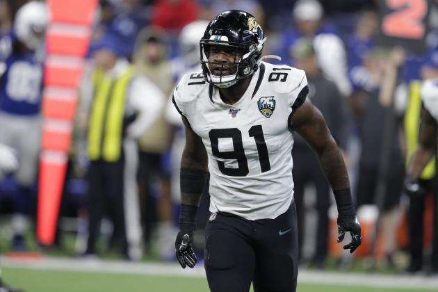 Jacksonville Jaguars defensive end Yannick Ngakoue (91) in action during the first half of an NFL football game against the Indianapolis Colts, Sunday, Nov. 17, 2019, in Indianapolis. (AP Photo/Michael Conroy)