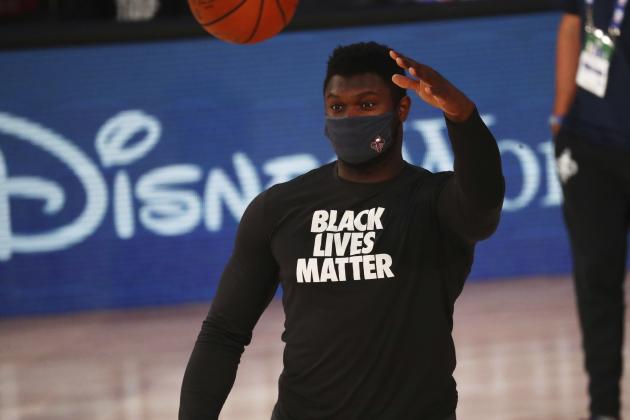 New Orleans Pelicans forward Zion Williamson reacts before an NBA basketball game against the Orlando Magic, Thursday, Aug. 13, 2020, in Lake Buena Vista, Fla. (Kim Klement/Pool Photo via AP)