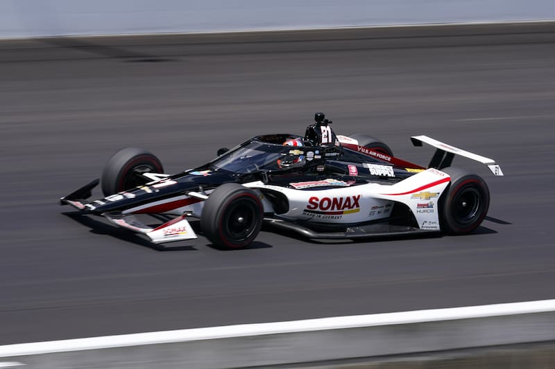 Rinus VeeKay, of the Netherlands, speeds down the main straightaway during qualifications for the Indianapolis 500 auto race at Indianapolis Motor Speedway in Indianapolis, Sunday, Aug. 16, 2020. (AP Photo/Michael Conroy)