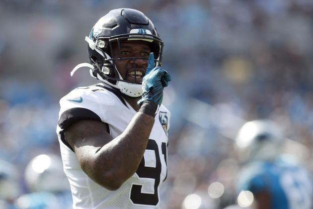 Jacksonville Jaguars defensive end Yannick Ngakoue (91) reacts following a play against the Carolina Panthers during the first half of an NFL football game in Charlotte, N.C., Sunday, Oct. 6, 2019. (AP Photo/Brian Blanco)