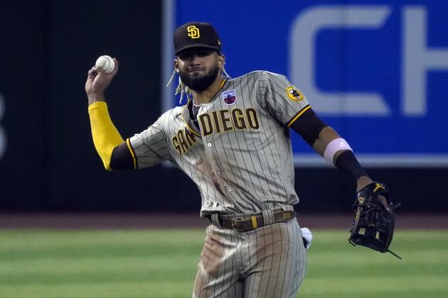 San Diego Padres shortstop Fernando Tatis Jr. (23) in the first inning during a baseball game against the Arizona Diamondbacks, Sunday, Aug 16, 2020, in Phoenix. (AP Photo/Rick Scuteri)