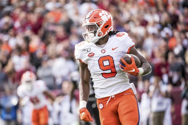 Clemson running back Travis Etienne carries the ball against South Carolina during an NCAA college football game Saturday, Nov. 30, 2019, in Columbia, S.C. Clemson defeated South Carolina 38-3. (AP Photo/Sean Rayford)