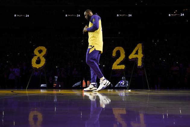 Los Angeles Lakers forward LeBron James looks down while speaking to the crowd about Kobe Bryant, prior to the team's NBA basketball game against the Portland Trail Blazers in Los Angeles, Friday, Jan. 31, 2020. (AP Photo/Kelvin Kuo)