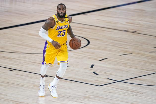 Los Angeles Lakers' LeBron James plays in the second half of an NBA basketball first round playoff game against the Portland Trail Blazers Saturday, Aug. 29, 2020, in Lake Buena Vista, Fla. The Lakers won 131-122 to win the series 4-1. (AP Photo/Ashley Landis)