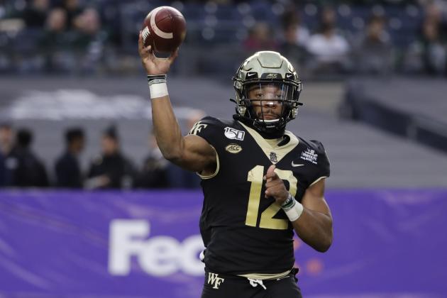 Wake Forest quarterback Jamie Newman (12) throws a pass during the first half of the Pinstripe Bowl NCAA college football game against Michigan State Friday, Dec. 27, 2019, in New York. (AP Photo/Frank Franklin II)
