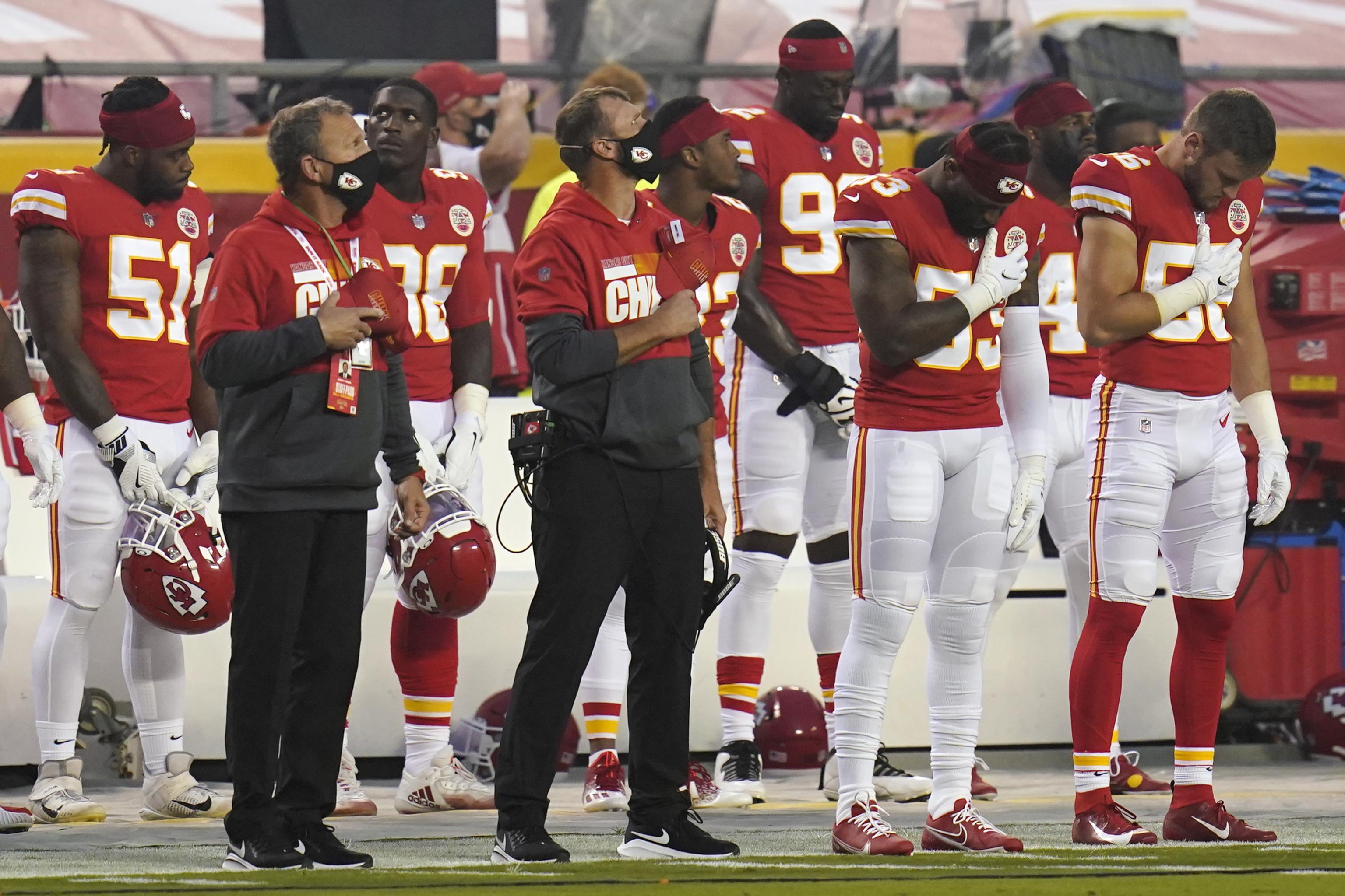 Chiefs take field for the national anthem, 'Lift Every Voice and Sing';  Texans stay in locker room