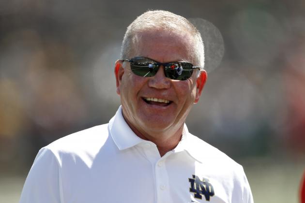 Notre Dame head coach Brian Kelly smiles before an NCAA college football game against New Mexico in South Bend, Ind., Saturday, Sept. 14, 2019. (AP Photo/Paul Sancya)
