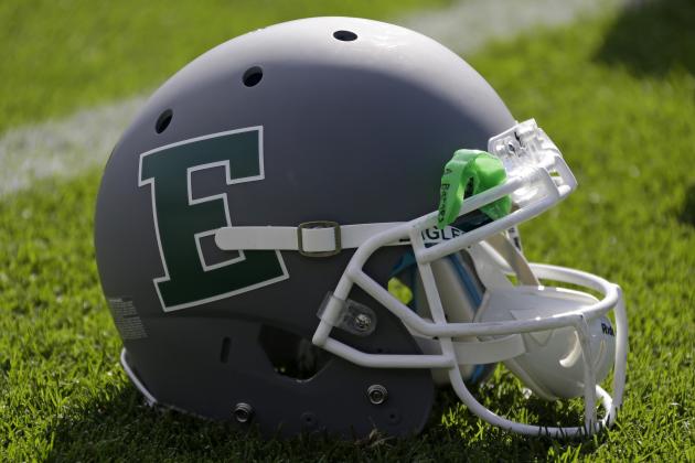 This is an Eastern Michigan football helmet on the turf at Beaver Stadium before an NCAA college football game between Penn State and Eastern Michigan in State College, Pa., Saturday, Sept. 7, 2013. (AP Photo/Gene J. Puskar)