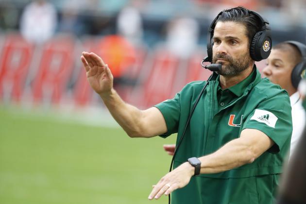 Miami head coach Manny Diaz calls out a play during the first half of an NCAA college football game against Louisville, Saturday, Nov. 9, 2019, in Miami Gardens, Fla. (AP Photo/Wilfredo Lee)