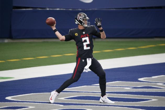 Atlanta Falcons quarterback Matt Ryan warms up before an NFL football game against the Dallas Cowboys in Arlington, Texas, Sunday, Sept. 20, 2020. (AP Photo/Michael Ainsworth)