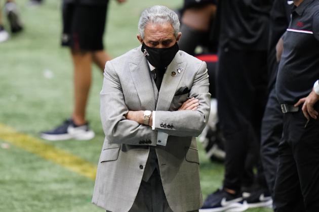 Atlanta Falcons owner Arthur Blank walks in the bench area during the second half of an NFL football game between the Atlanta Falcons and the Seattle Seahawks, Sunday, Sept. 13, 2020, in Atlanta. (AP Photo/Brynn Anderson)