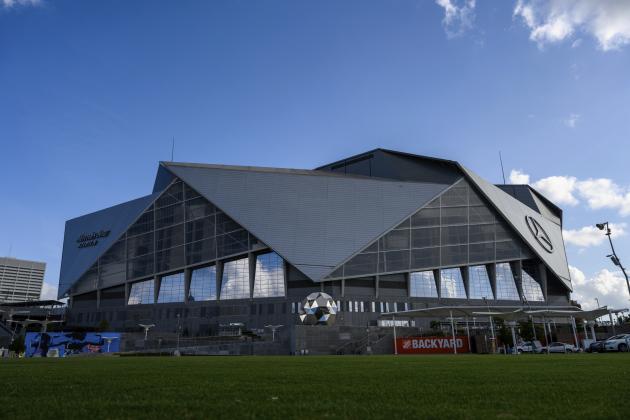 Mercedes-Benz Stadium is shown after an NFL football game, Sunday, Sept. 13, 2020, in Atlanta. The Seattle Seahawks won 38-25. (AP Photo/Danny Karnik)