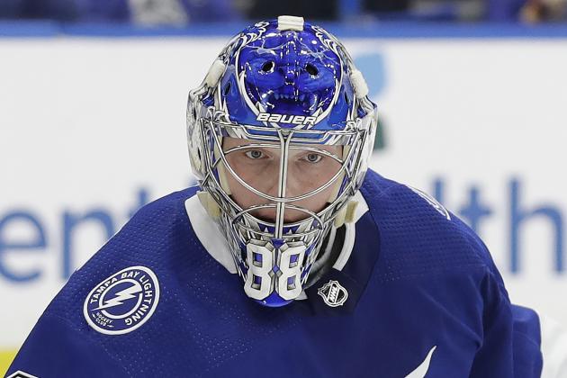 Tampa Bay Lightning goaltender Andrei Vasilevskiy (88) during the third period of an NHL hockey game against the Montreal Canadiens Thursday, March 5, 2020, in Tampa, Fla. (AP Photo/Chris O'Meara)