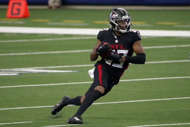 Atlanta Falcons wide receiver Russell Gage (83) runs against the Dallas Cowboys during the second quarter of an NFL Football game in Arlington, Texas, Sunday, Sept. 20, 2020. (AP Photo/Michael Ainsworth)