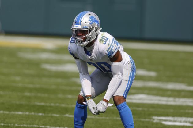 Detroit Lions' Jeff Okudah during an NFL football game between the Detroit Lions and Green Bay Packers, Sunday, Sept. 20, 2020, in Green Bay, Wis. (AP Photo/Jeffrey Phelps)