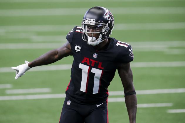 Atlanta Falcons wide receiver Julio Jones (11) runs a play during an NFL football game against the Dallas Cowboys, Sunday, Sept. 20, 2020, in Arlington, Texas. Dallas won 40-39. (AP Photo/Brandon Wade)