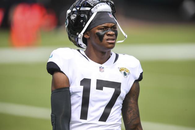 Jacksonville Jaguars wide receiver D.J. Chark (17) during warm-ups before an NFL football game against the Indianapolis Colts, Sunday, Sept. 13, 2020, in Jacksonville, Fla. (AP Photo/Gary McCullough)
