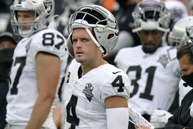 Las Vegas Raiders quarterback Derek Carr watches from the sideline in the second half of an NFL football game against the New England Patriots, Sunday, Sept. 27, 2020, in Foxborough, Mass. (AP Photo/Steven Senne)