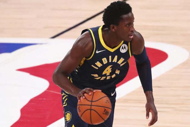 Indiana Pacers guard Victor Oladipo (4) brings the ball up against the Houston Rockets during the second half of an NBA basketball game Wednesday, Aug. 12, 2020, in Lake Buena Vista, Fla. (Kim Klement/Pool Photo via AP)
