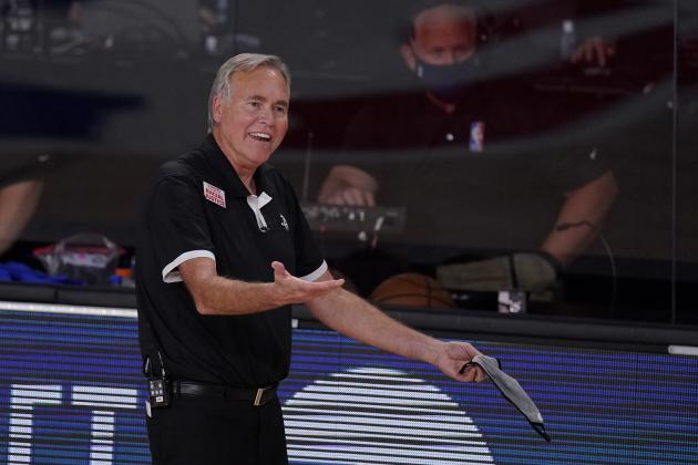 Houston Rockets head coach Mike D'Antoni reacts to a call during the second half of an NBA conference semifinal playoff basketball game against the Los Angeles Lakers Friday, Sept. 4, 2020, in Lake Buena Vista, Fla. (AP Photo/Mark J. Terrill)