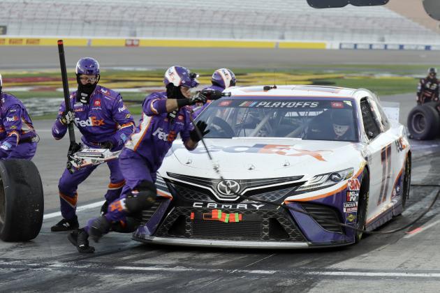 Denny Hamlin pits during a NASCAR Cup Series auto race Sunday, Sept. 27, 2020, in Las Vegas. (AP Photo/Isaac Brekken)