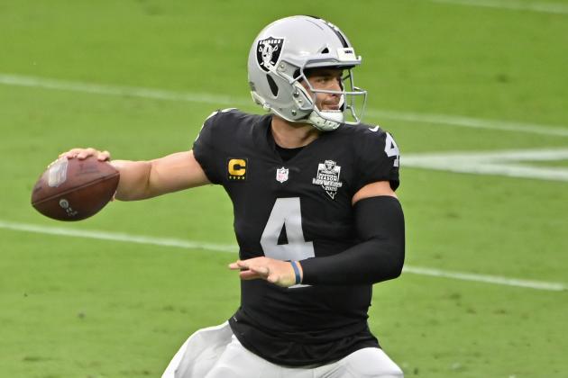 Las Vegas Raiders quarterback Derek Carr (4) looks to pass against the Buffalo Bills during the first half of an NFL football game, Sunday, Oct. 4, 2020, in Las Vegas. (AP Photo/David Becker)