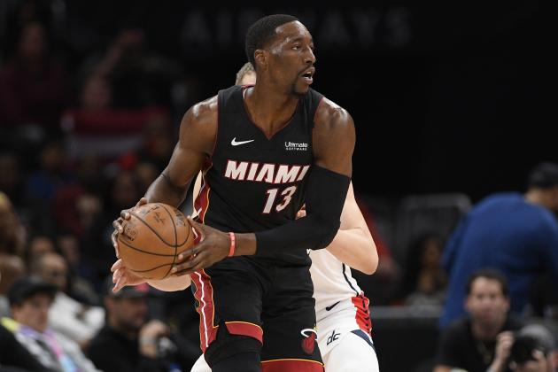 Miami Heat forward Bam Adebayo (13) handles the ball during the second half of an NBA basketball game against the Washington Wizards, Sunday, March 8, 2020, in Washington. The Heat won 100-89. (AP Photo/Nick Wass)