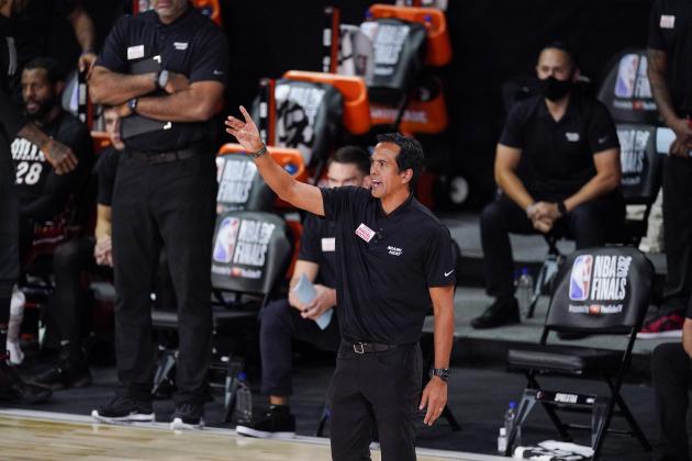 Miami Heat's head coach Erik Spoelstra gestures to the players during the first half in Game 3 of basketball's NBA Finals against the Los Angeles Lakers, Sunday, Oct. 4, 2020, in Lake Buena Vista, Fla. (AP Photo/Mark J. Terrill)
