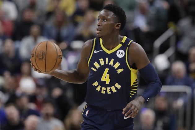 Indiana Pacers' Victor Oladipo (4) dribbles during the second half of an NBA basketball game against the New York Knicks, Saturday, Feb. 1, 2020, in Indianapolis. New York won 92-85. (AP Photo/Darron Cummings)