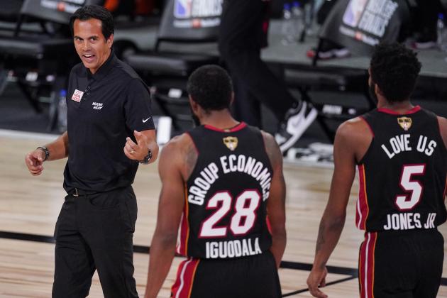 Miami Heat's head coach Erik Spoelstra gestures to his players during the first half in Game 3 of basketball's NBA Finals against the Los Angeles Lakers, Sunday, Oct. 4, 2020, in Lake Buena Vista, Fla. (AP Photo/Mark J. Terrill)