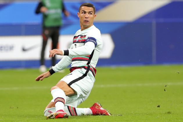 Portugal's Cristiano Ronaldo follows his shot during the UEFA Nations League soccer match between France and Portugal at the Stade de France in Saint-Denis, north of Paris, France, Sunday, Oct. 11, 2020. (AP Photo/Thibault Camus)