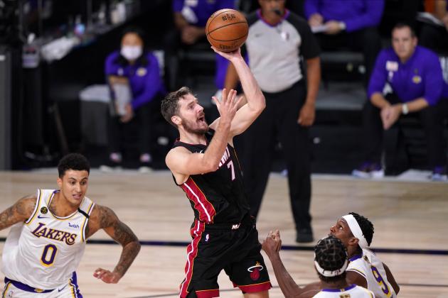 Miami Heat's Goran Dragic (7) shoots during the second half in Game 6 of basketball's NBA Finals against the Los Angeles Lakers Sunday, Oct. 11, 2020, in Lake Buena Vista, Fla. (AP Photo/Mark J. Terrill)