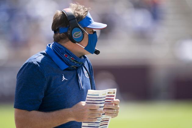 Florida head coach Dan Mullen calls to his offense before a snap against Texas A&M during the first half of an NCAA college football game, Saturday, Oct. 10, 2020. in College Station, Texas. (AP Photo/Sam Craft)