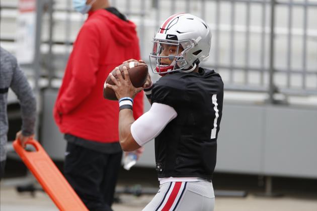 Ohio State quarterback Justin Fields runs a drill during their NCAA college football practice Saturday, Oct. 3, 2020, in Columbus, Ohio. (AP Photo/Jay LaPrete)