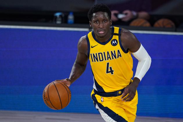 Indiana Pacers guard Victor Oladipo (4) plays against the Orlando Magic during the first half of an NBA basketball game Tuesday, Aug. 4, 2020 in Lake Buena Vista, Fla. (AP Photo/Ashley Landis)