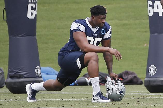 Dallas Cowboys defensive tackle David Irving (95) stretches during practice at the NFL football team's training camp in Frisco, Texas, Tuesday, June 12, 2018. (AP Photo/Brandon Wade)