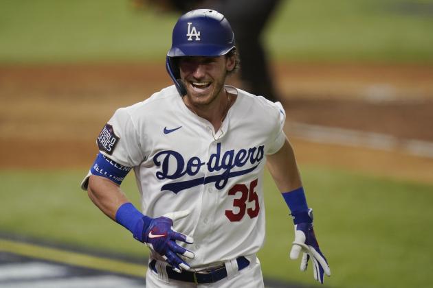 Los Angeles Dodgers' Cody Bellinger celebrates his two-run home run against the Tampa Bay Rays during the fourth inning in Game 1 of the baseball World Series Tuesday, Oct. 20, 2020, in Arlington, Texas. (AP Photo/Eric Gay)
