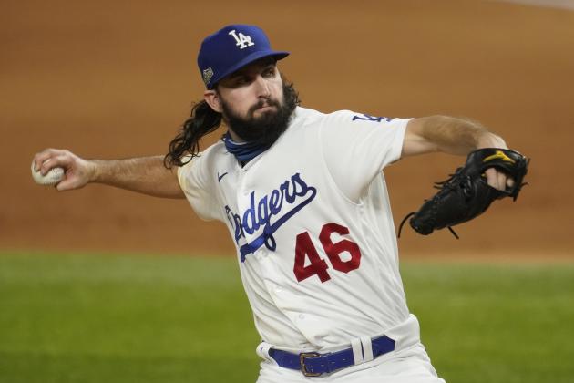 Los Angeles Dodgers starting pitcher Tony Gonsolin throws against the Atlanta Braves during the second inning in Game 7 of a baseball National League Championship Series Sunday, Oct. 18, 2020, in Arlington, Texas. (AP Photo/Tony Gutierrez)