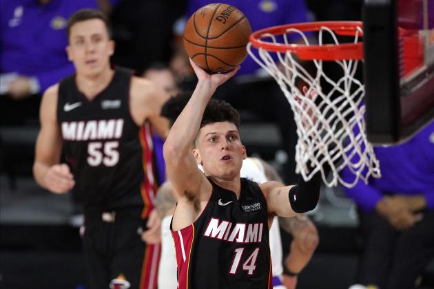 Miami Heat's Tyler Herro (14) shoots during the second half in Game 6 of basketball's NBA Finals against the Los Angeles Lakers Sunday, Oct. 11, 2020, in Lake Buena Vista, Fla. (AP Photo/Mark J. Terrill)