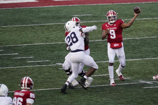 Indiana quarterback Michael Penix Jr. (9) throws during the second half of an NCAA college football game against Penn State, Saturday, Oct. 24, 2020, in Bloomington, Ind. Indiana won 36-35 in overtime. (AP Photo/Darron Cummings)