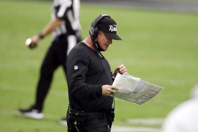 Las Vegas Raiders head coach Jon Gruden checks play cards on the sideline during the first half of an NFL football game against the Buffalo Bills, Sunday, Oct. 4, 2020, in Las Vegas. (AP Photo/Isaac Brekken)