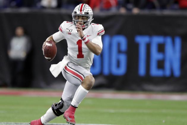 FILE - In this Dec. 7, 2019, file photo, Ohio State quarterback Justin Fields (1) runs with the ball against Wisconsin during the first half of the Big Ten championship NCAA college football game, in Indianapolis. The Big Ten won't play football this fall because of concerns about COVID-19, becoming the first of college sports' power conferences to yield to the pandemic. The move announced Tuesday, Aug. 11, 2020, comes six day after the conference that includes historic programs such as Ohio State, Michigan, Nebraska and Penn State had released a revised conference-only schedule that it hoped would help it navigate a fall season with potential COVID-19 disruptions. (AP Photo/Michael Conroy, File)