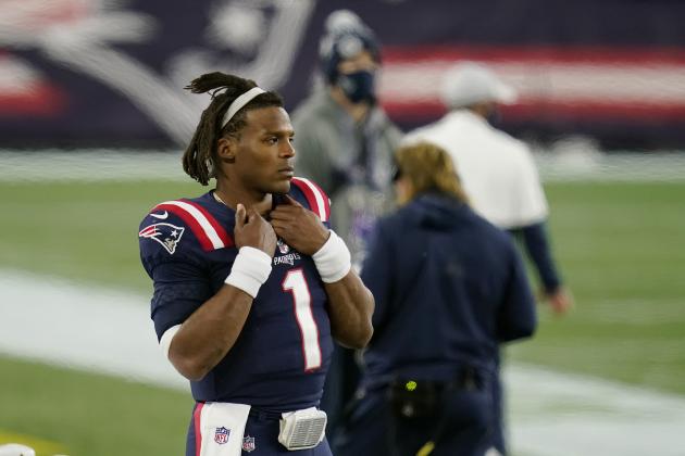 New England Patriots quarterback Cam Newton watches from the sideline after being replaced by Jarrett Stidham in the second half of an NFL football game against the San Francisco 49ers, Sunday, Oct. 25, 2020, in Foxborough, Mass. (AP Photo/Charles Krupa)