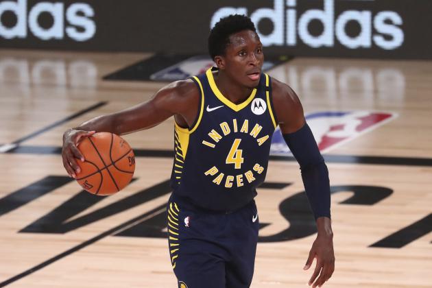 Indiana Pacers guard Victor Oladipo (4) controls the ball against the Houston Rockets in the second half of an NBA basketball game Wednesday, Aug. 12, 2020, in Lake Buena Vista, Fla. (Kim Klement/Pool Photo via AP)