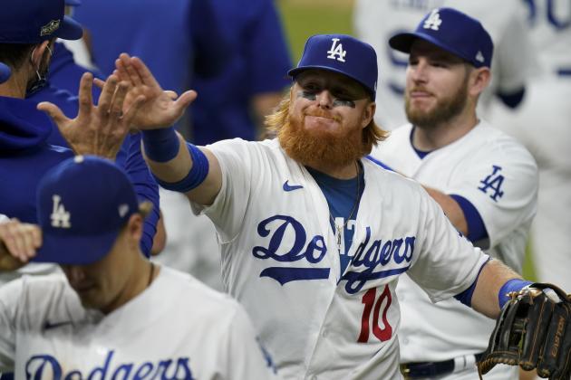 Los Angeles Dodgers third baseman Justin Turner celebrates their win against the Atlanta Braves in Game 6 of a baseball National League Championship Series Saturday, Oct. 17, 2020, in Arlington, Texas. (AP Photo/Eric Gay)