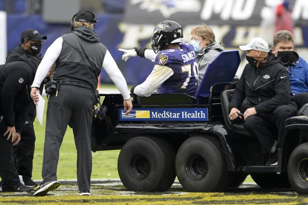 Baltimore Ravens offensive tackle Ronnie Stanley (79) leaves the field on a cart after suffering an injury during the first half of an NFL football game against the Pittsburgh Steelers, Sunday, Nov. 1, 2020, in Baltimore. (AP Photo/Nick Wass)