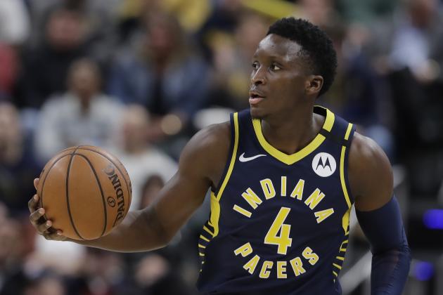 Indiana Pacers' Victor Oladipo (4) dribbles during the second half of an NBA basketball game against the New York Knicks, Saturday, Feb. 1, 2020, in Indianapolis. New York won 92-85. (AP Photo/Darron Cummings)