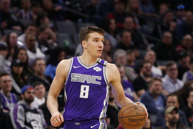 Sacramento Kings guard Bogdan Bogdanovic dribbles down court during the second half of an NBA basketball game against the Toronto Raptors in Sacramento, Calif., Sunday, March 8, 2020. The Raptors won 118-113. (AP Photo/Rich Pedroncelli)