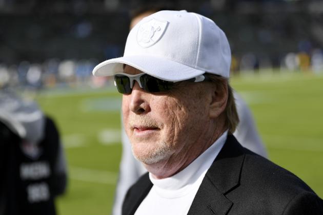 Oakland Raiders owner Mark Davis watches during warm ups before an NFL football game against the Los Angeles Chargers Sunday, Dec. 22, 2019, in Carson, Calif. (AP Photo/Kelvin Kuo)