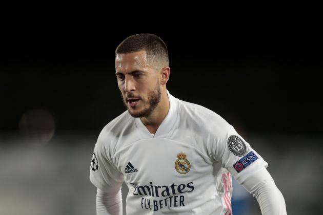 FILE - In this Tuesday, Nov. 3, 2020 file photo, Real Madrid's Eden Hazard during their Champions League group B soccer match against Real Madrid at the Alfredo Di Stefano stadium in Madrid, Spain. Real Madrid players Eden Hazard and Casemiro have tested positive for COVID-19, the Spanish club said. The 29-year-old Belgium forward and the 28-year-old Brazil midfielder will now miss their trip to Valencia on Sunday, Nov. 8, 2020. (AP Photo/Bernat Armangue, file)